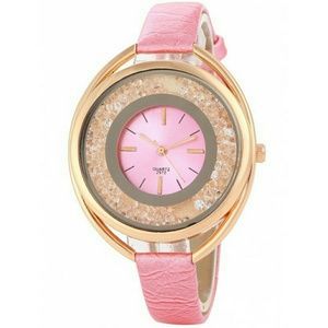 Faux Leather Rhinestone Analog Quartz Watch-Pink